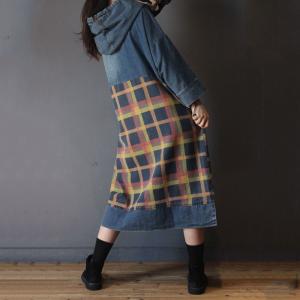 Korean Chic  Plaid Hoodie Dress  Long Sleeve Casual Jean Dress