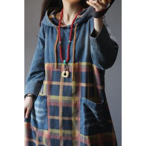 Korean Chic  Plaid Hoodie Dress  Long Sleeve Casual Jean Dress