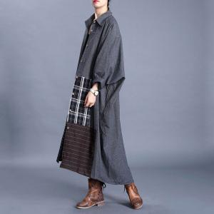 Plaid Patchwork Cotton Linen Shirt Dress Plus Size Abaya Dress