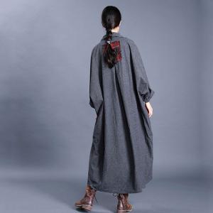 Plaid Patchwork Cotton Linen Shirt Dress Plus Size Abaya Dress