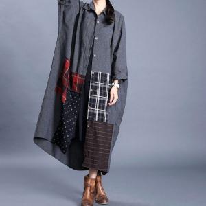 Plaid Patchwork Cotton Linen Shirt Dress Plus Size Abaya Dress