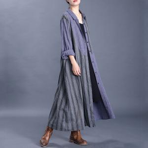 Vertical Striped Korean Shirt Dress Cotton Linen Embroidered Dress