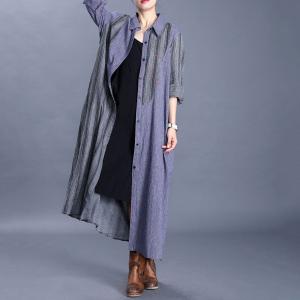 Vertical Striped Korean Shirt Dress Cotton Linen Embroidered Dress