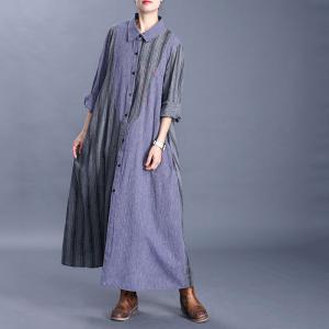Vertical Striped Korean Shirt Dress Cotton Linen Embroidered Dress