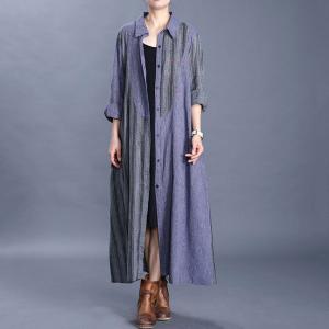 Vertical Striped Korean Shirt Dress Cotton Linen Embroidered Dress