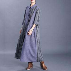 Vertical Striped Korean Shirt Dress Cotton Linen Embroidered Dress