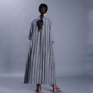 Vertical Striped Korean Shirt Dress Cotton Linen Embroidered Dress