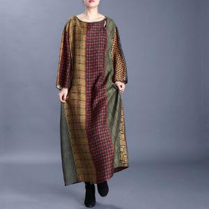 Loose-Fitting Crew Neck Dress Folk Printed Shift Dress