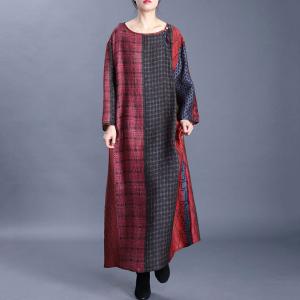 Loose-Fitting Crew Neck Dress Folk Printed Shift Dress