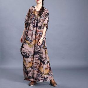 Vintage Printed Pleated Dress Silk Maxi Modest Dress