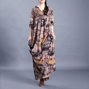 Vintage Printed Pleated Dress Silk Maxi Modest Dress