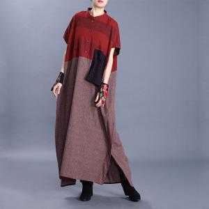 Red Contrast Loose Linen Dress Summer Oversized Shirt Dress