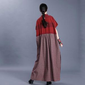 Red Contrast Loose Linen Dress Summer Oversized Shirt Dress