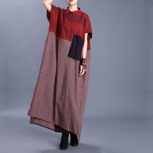 Red Contrast Loose Linen Dress Summer Oversized Shirt Dress