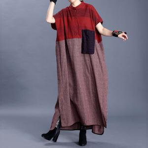 Red Contrast Loose Linen Dress Summer Oversized Shirt Dress