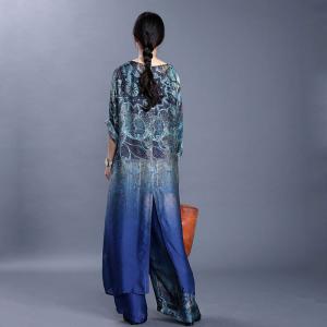 Retro Printed Knee Length Dress with Silk Slouchy Pants