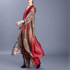 Retro Printed Knee Length Dress with Silk Slouchy Pants