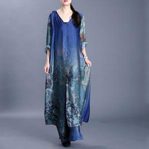 Retro Printed Knee Length Dress with Silk Slouchy Pants