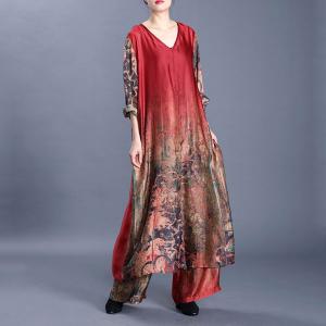 Retro Printed Knee Length Dress with Silk Slouchy Pants