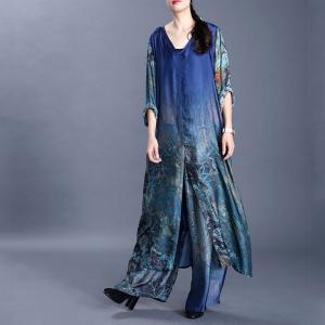 Retro Printed Knee Length Dress with Silk Slouchy Pants