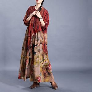 Big Flowers Pleated Shirt Dress Loose Red Shift Dress