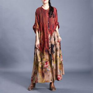 Big Flowers Pleated Shirt Dress Loose Red Shift Dress