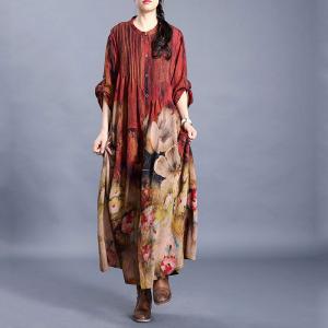 Big Flowers Pleated Shirt Dress Loose Red Shift Dress