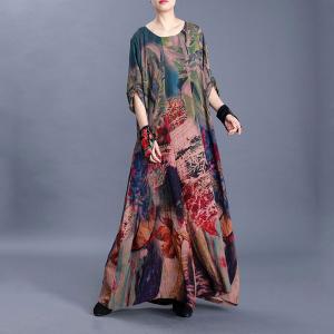 Colorful Flowers Elegant Church Dress Silk Plus Size Maxi Dress