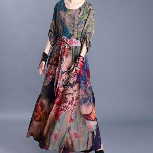 Colorful Flowers Elegant Church Dress Silk Plus Size Maxi Dress