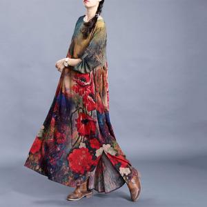 Flowers Pattern Vintage Modest Dress Silky Slit Dress