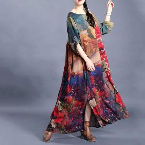Flowers Pattern Vintage Modest Dress Silky Slit Dress