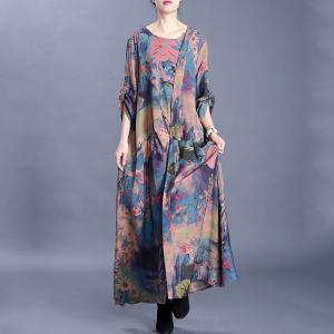 Retro Printing Loose Draped Dress Comfy Silk Galabeya Dress