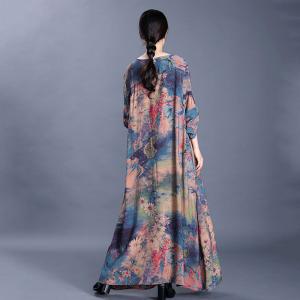 Retro Printing Loose Draped Dress Comfy Silk Galabeya Dress