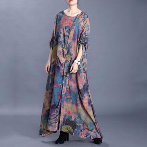 Retro Printing Loose Draped Dress Comfy Silk Galabeya Dress