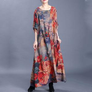 Retro Printing Loose Draped Dress Comfy Silk Galabeya Dress