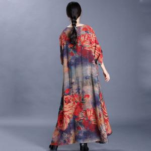 Retro Printing Loose Draped Dress Comfy Silk Galabeya Dress