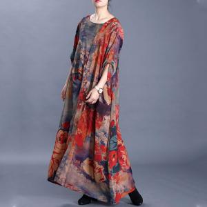 Retro Printing Loose Draped Dress Comfy Silk Galabeya Dress