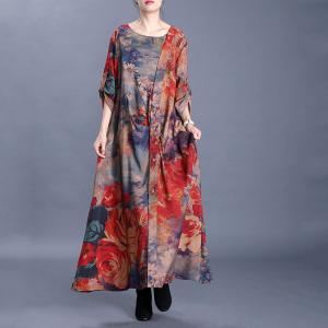 Retro Printing Loose Draped Dress Comfy Silk Galabeya Dress