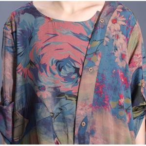 Retro Printing Loose Draped Dress Comfy Silk Galabeya Dress