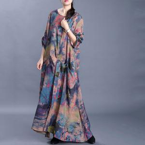 Retro Printing Loose Draped Dress Comfy Silk Galabeya Dress