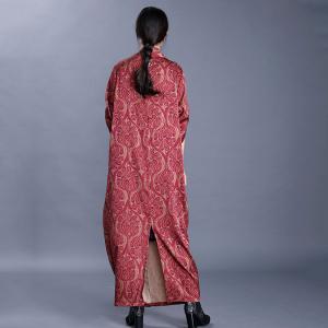 Long Sleeve Silk Kimono Dress Red Tropical Beach Dress