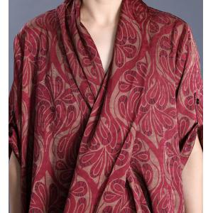 Long Sleeve Silk Kimono Dress Red Tropical Beach Dress