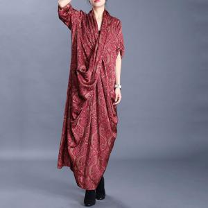 Long Sleeve Silk Kimono Dress Red Tropical Beach Dress