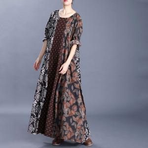 Leaf Pattern Loose Flax Clothing Long Sleeve Cruise Dress