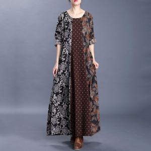 Leaf Pattern Loose Flax Clothing Long Sleeve Cruise Dress