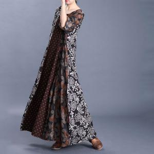 Leaf Pattern Loose Flax Clothing Long Sleeve Cruise Dress