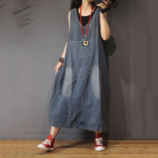 V-Neck Loose Denim Sundress Back Slits Comfy Dress