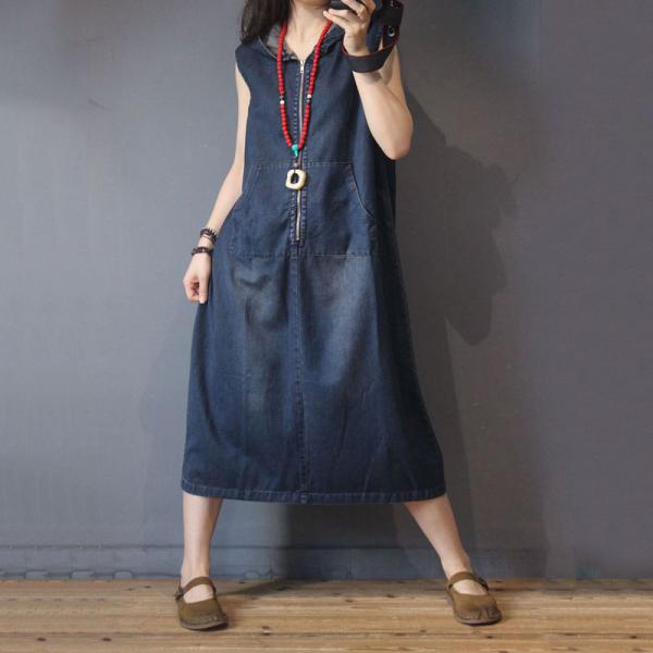 Front Zip Sleeveless Denim Dress Loose Hooded Dress