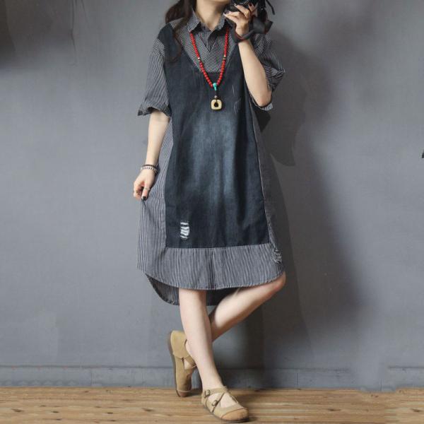 Denim Patchwork Oversized Shirt Dress Long Sleeve Striped Dress