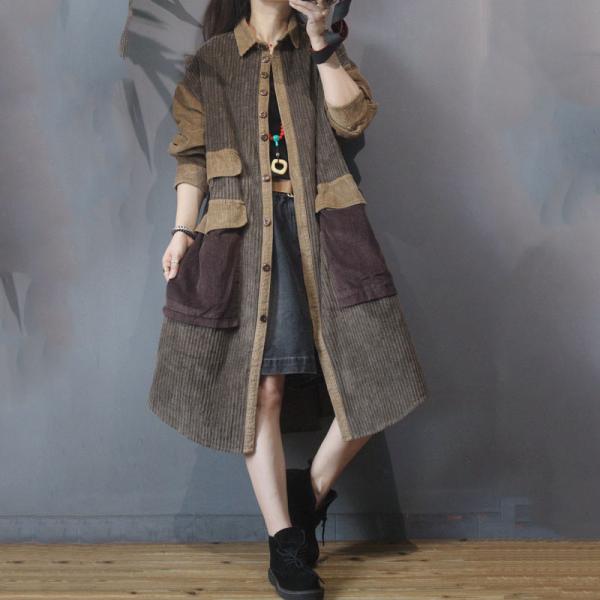 Button Up Corduroy Overcoat Flap Pockets Plus Size Coat